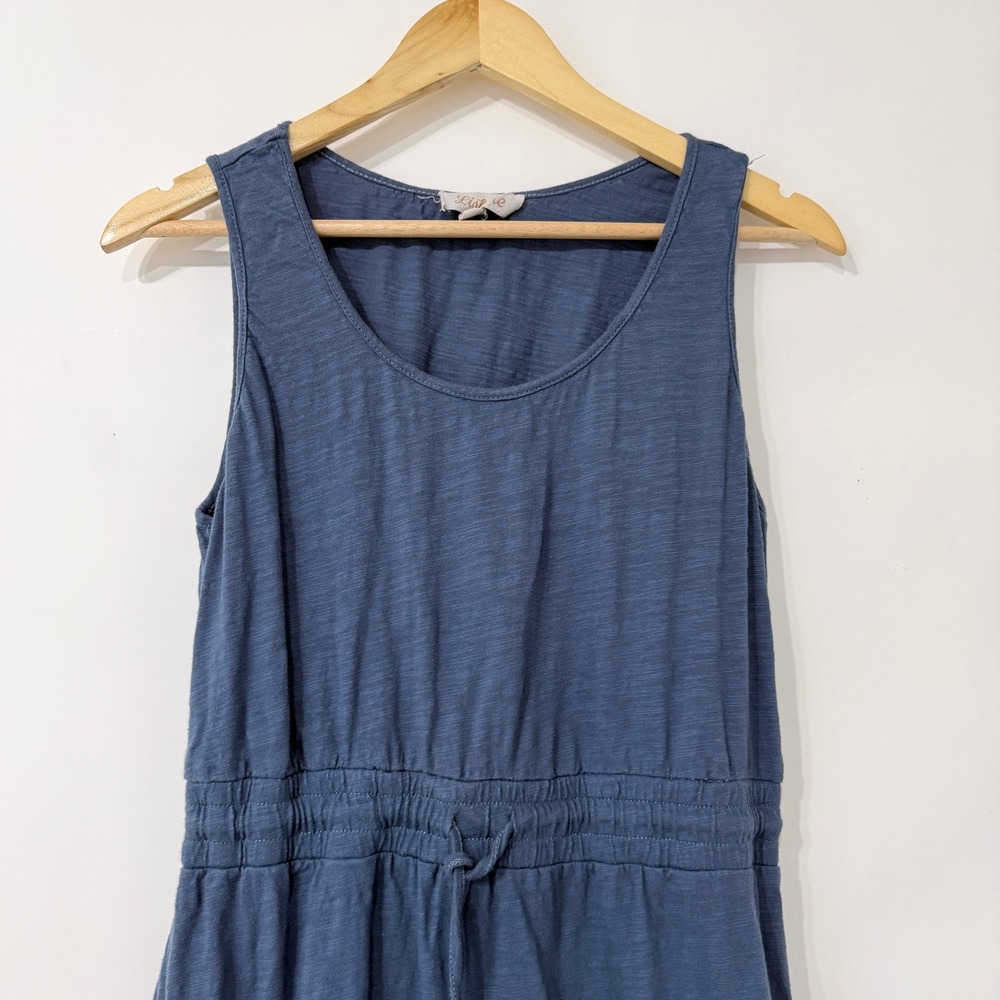 Listicle Blue Tiered Midi Dress Size Large Cotton Drawstring Waist Boho Summer - Picture 2 of 7